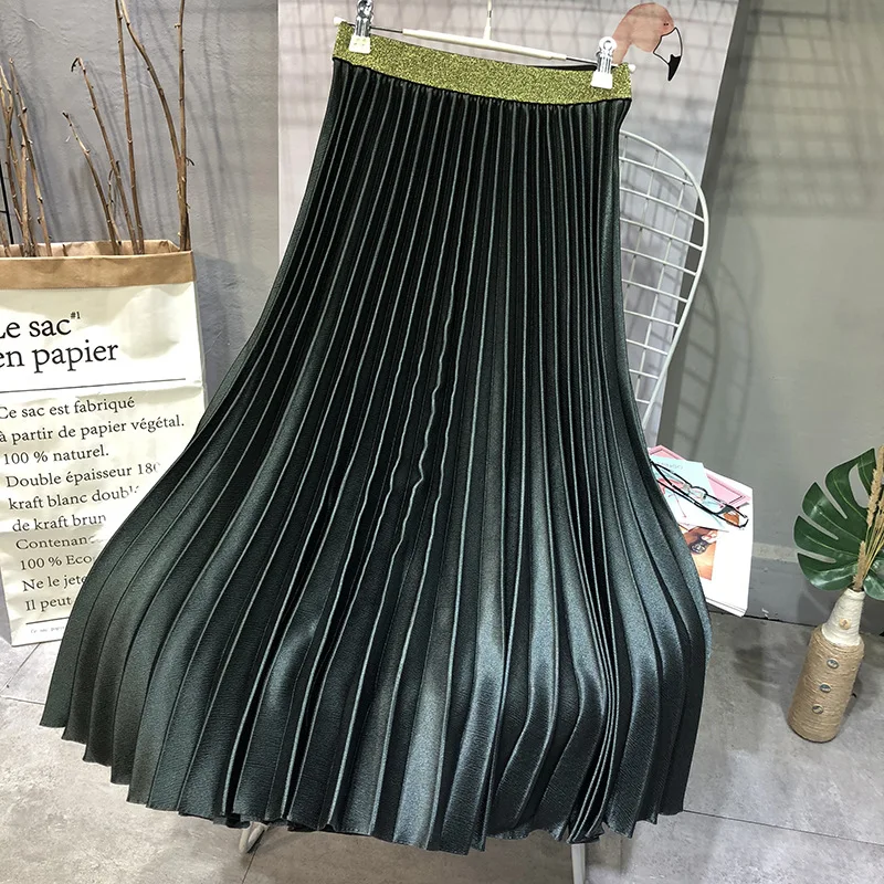 army green Весенняя женская элегантная плиссированная юбка на осень и зиму, эластичная Женская длинная юбка с высокой талией, Женская юбка высокого качества Saia - Цвет: army green