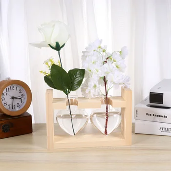 

1Pc Heart Shape Glass Vase Hydroponics Planter Green Plant Container Flower Arrangement with Wooden Rack (Log Color)