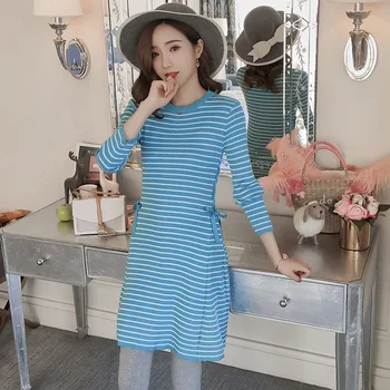 

Maternity Clothes Medium-length Base Stripes Pregnant Women Sweater Pregnant WOMEN'S Knitting Dress Elasticity Maternity Dr