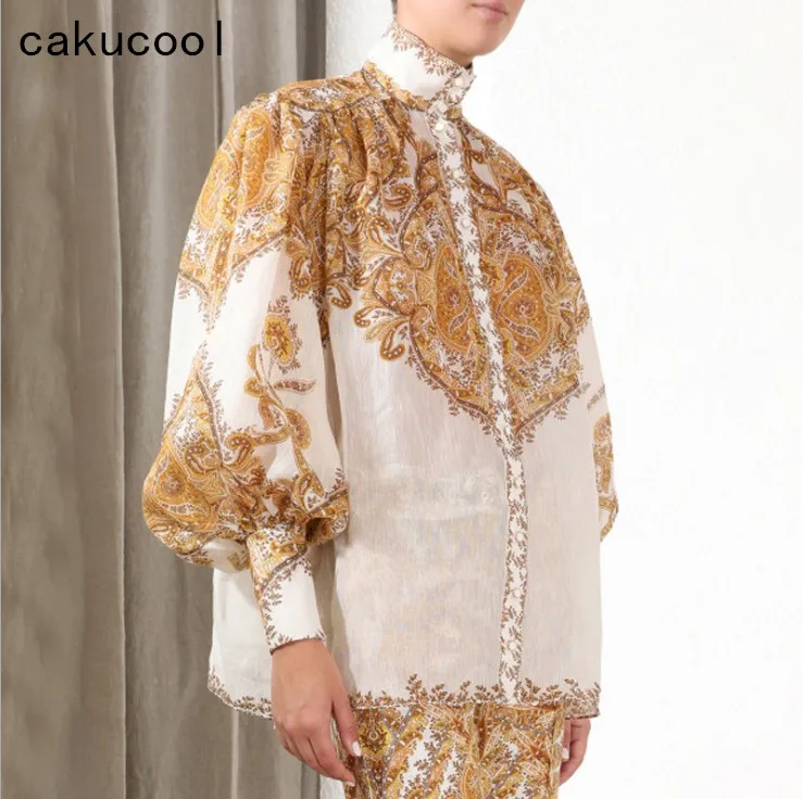 

Cakucool Runway Design Women Blouse Long Lantern Sleeve Stand Collar Floral Print Blusa Shirt Vintage Palace Blouses Top Femme