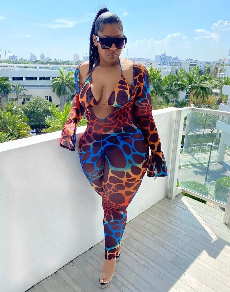 BKLD New Plus Size Romper Fashion Printing Sexy Mesh Stretchy Jumpsuit For Women + Bra Sexy Club Summer 2 Piece 2021 Clubwear mesh lace women s bodysuit hollow perspective sexy long sleeved bodysuit climbing suit 2021 deep v bodysuit jumpsuit