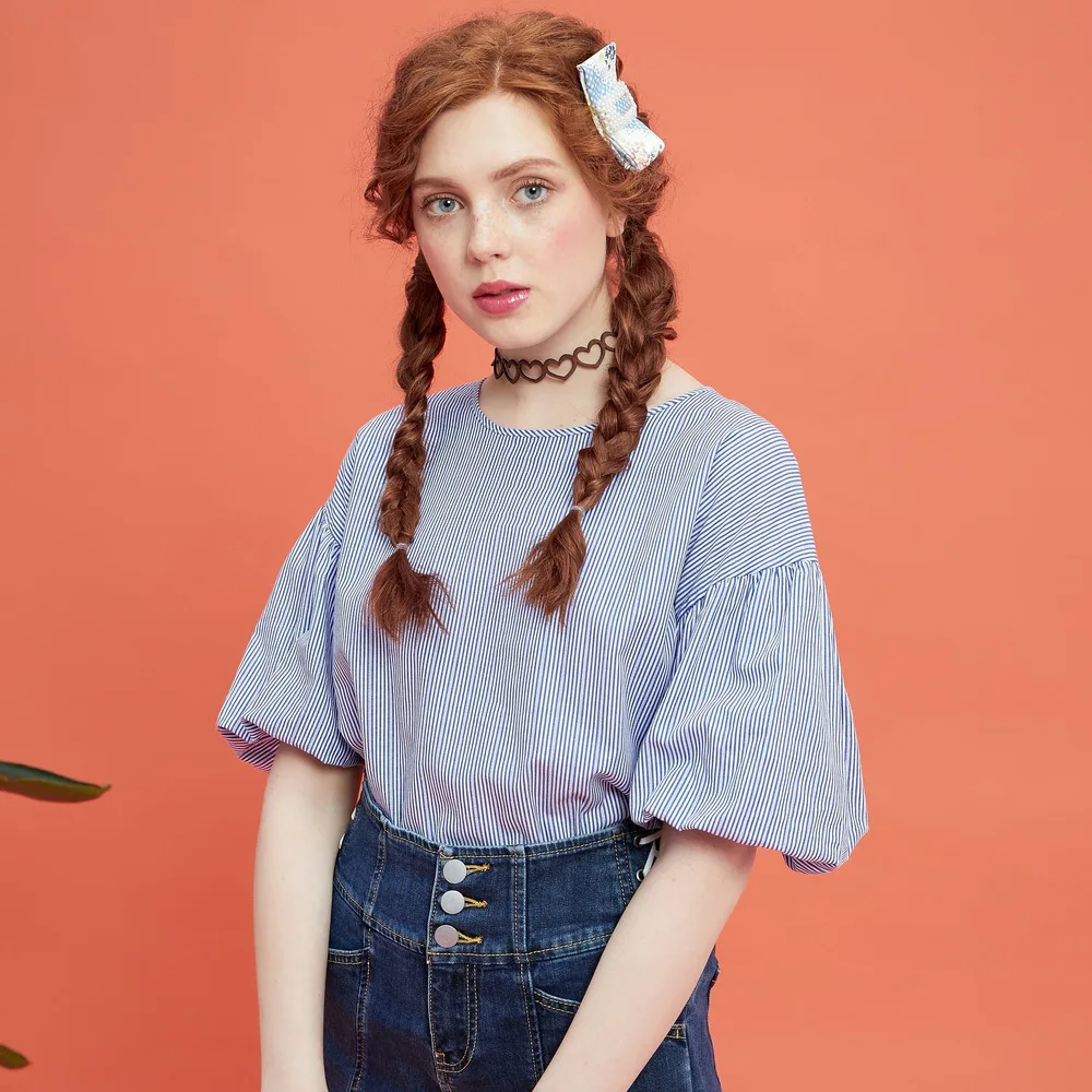  Metersbonwe Women Striped Blue Blouses 2019 Fashion OL Half Puff Sleeves Sliming Office Lady Blouse