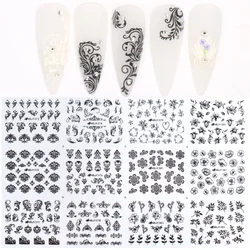 Black Floral and Leaf 3D Nail Art Stickers Set (12 Pieces) - Elegant DIY Manicure Design (HBJY373-384 Black)