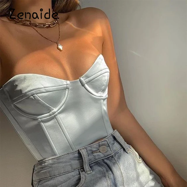 Zenaide Satin Corset Tops Strapless Summer Clothing Panel Shape Bare Shoulder Party Sexy Crop Women Tube Tops 1
