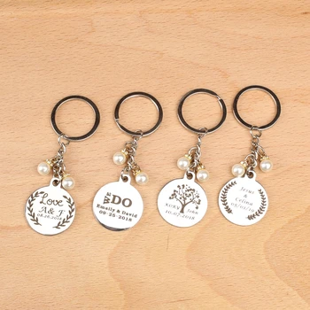 

10pcs Personalized name date alloy Keychain with Artificial pearl wedding gifts for guests wedding souvenirs baby shower favors
