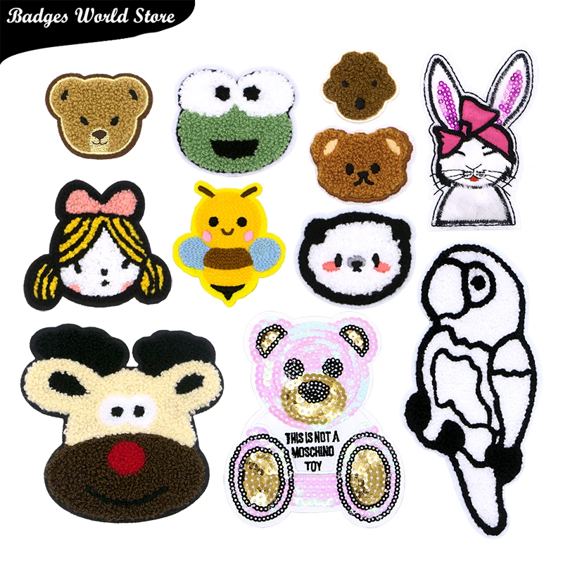 

Parrot Bear Rabbit Bee Cattle Frog Chenille Icon Towel Embroidery Applique Patch For Clothing DIY Iron on Badges on the Backpack