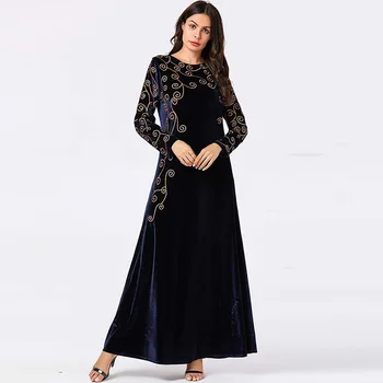 

Middle East Arab large size women's robes Muslim Dubai Afghan Saudi Arabia long-sleeved round neck gold velvet embroidered dress