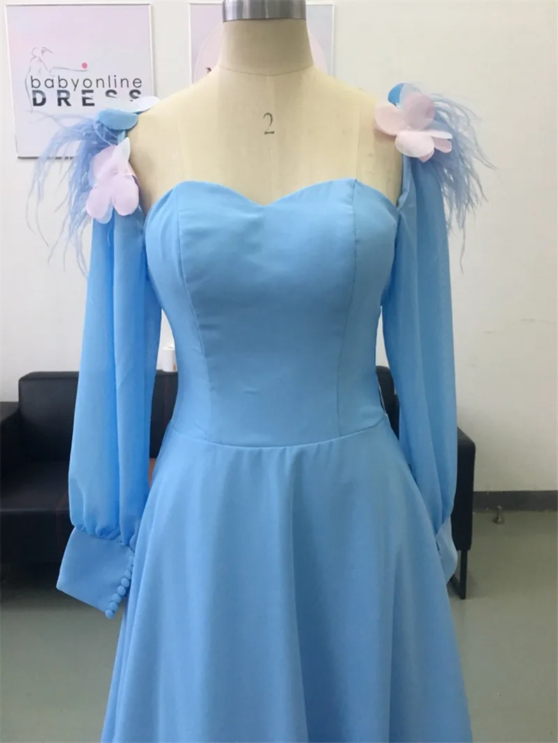 Elegant Strapless Long Chiffon Prom Dresses Charming Flowers Puff Sleeve Prom Gowns A-Line Party Dresses Vestidos De Gala