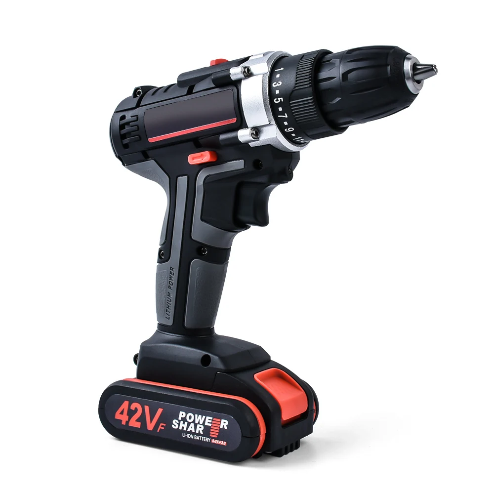

42V Double Speed Cordless Rechargeable Electric Drill Lithium Battery Powered Electric Hand Drill Screwdriver with 2pcs Battery