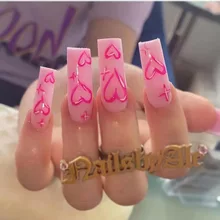 

24pcs Full Cover Rhinestone Pink Ballet False Nails with Heart Design Coffin Press on Artificial Nail Art French Tips with Glue