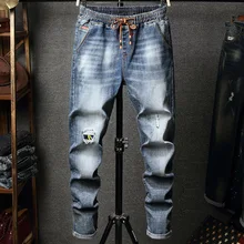 Мужские новые модные рваные джинсы мужские повседневные хлопковые тонкие синие длинные брюки мужские джинсы байкерские осенние джинсы