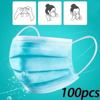 

100Pcs Solid Color Face Mouth Masks Non Woven 3 Layers Disposable Anti-Dust Mouth Mask Earloops Face Mask