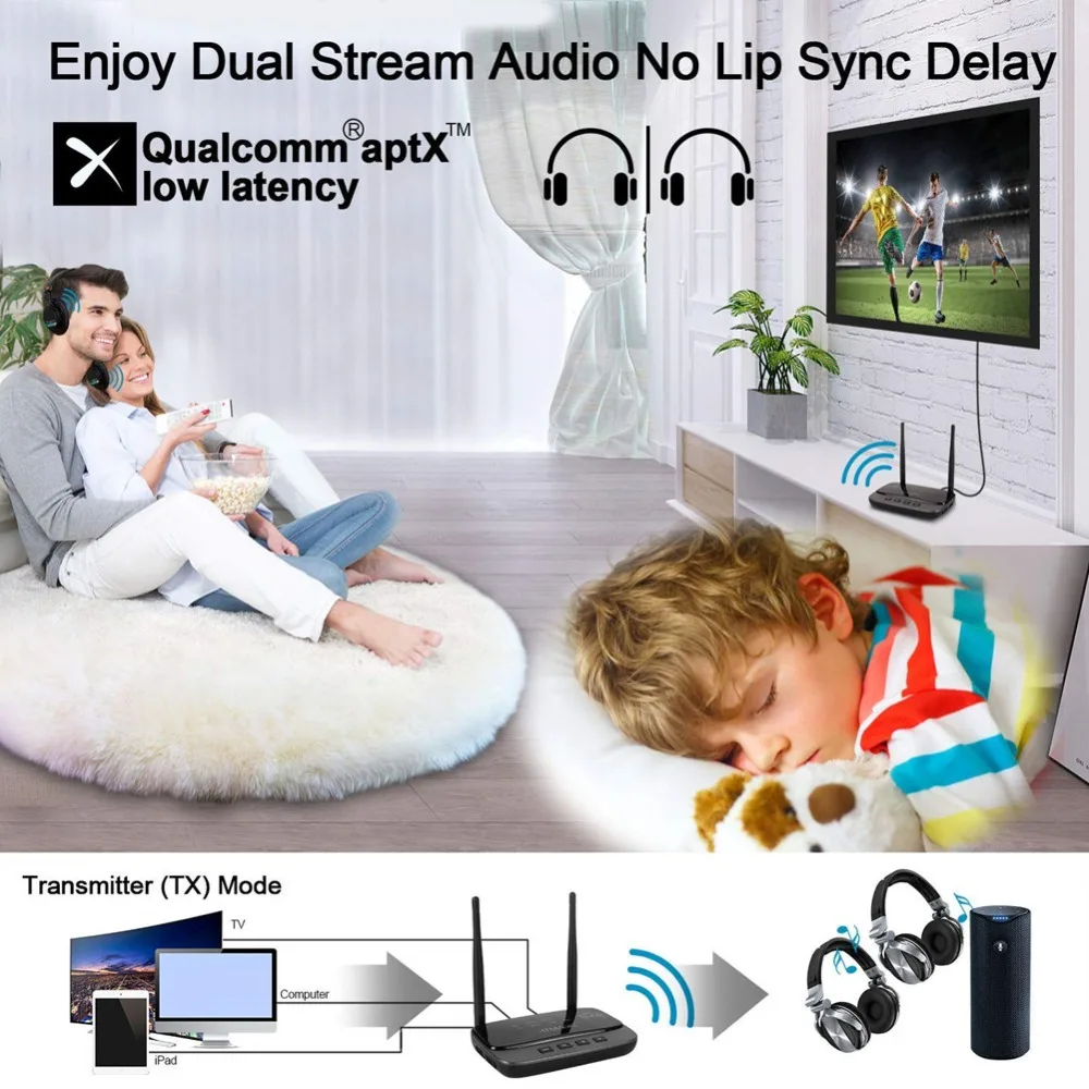 NFC 80m Bluetooth 5.0 Audio Transmitter Receiver Bypass aptX LL HD Wireless Adapter SPDIF AUX 3.5mm For PC TV Pair 2 Headphones
