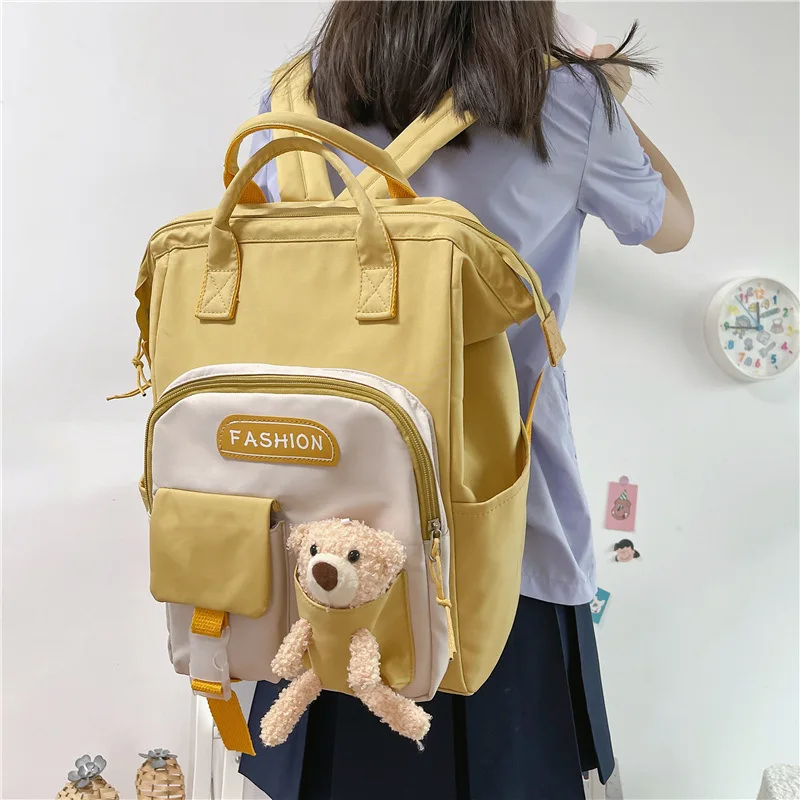 Kawaii Preppy Backpack Bear Nylon Bag Women Waterproof Candy Colors Backpacks High School Bags for Teenage Girl Travel Rucksack