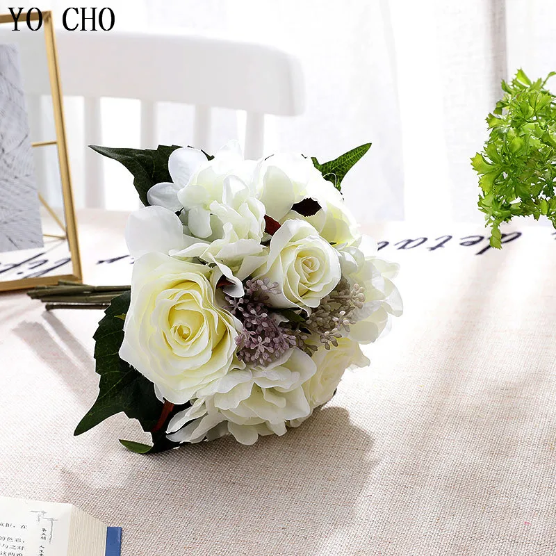 YO CHO Wedding Flowers Aritificial Roese Birdal Bouquet Artifical Silk Hydrangea Flowers for Home Party Decor