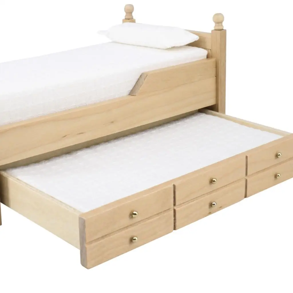 Wooden Dollhouse Bed, with Mattress, Dolls House Accessories, 1/12 Scale Dollhouse Miniatures Furniture