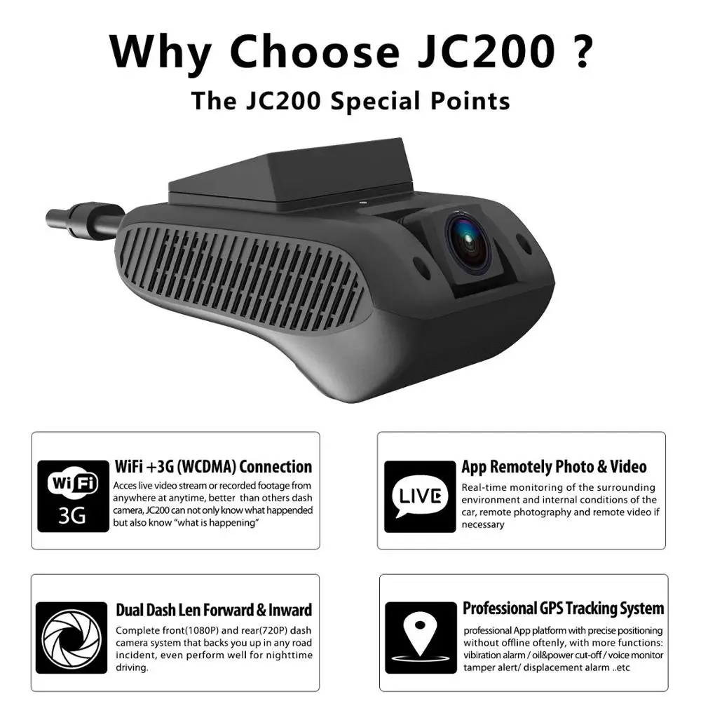 JC200 3G Smart Car GPS Tracking Dashcam with Dual Camera Recording & SOS Live Video View by Free Mo