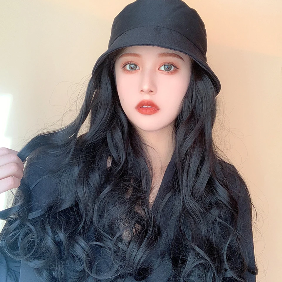 Long Wavy Curly Synthetic Hair Wig With Hat Hot Style Fisherman's Hat Heat Resistant Black Hair For Women African American