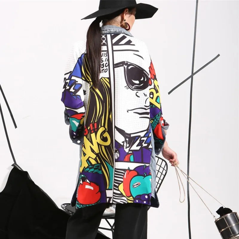 

LANMREM Stock 2020 Spring Fashion Personality Women Coat Pachwork Asymmetric Length printting Spliced Button Windbreaker W0145
