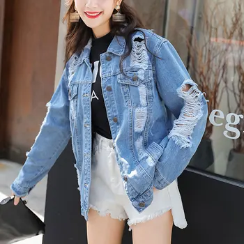

Women's Jacket 2020 Casual Clothing Hole Coat Long Sleeve Pocket Button Denim Jacket coats and jackets women winter new