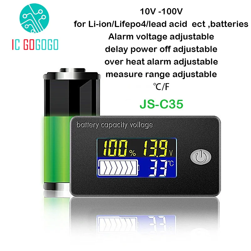 Литий-ионный Lifepo4 индикатор емкости свинцово-кислотной батареи 12 В 24 в 36 в 48 в 60 в 72 дисплей ЖК-вольтметр измеритель температуры тестер JS-C35