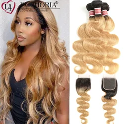 Ombre Blonde Body Wave Bundles With Lace Closure 4x4 1b/27 1b/30 Hair Brazilian Human Hair 3 Bundles With Lace Closure Euphoria