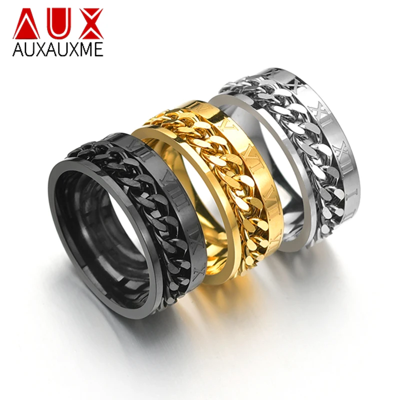 

Auxauxme Roman Numbers Spinner Chain Ring for Men Titanium Steel Tire Texture Rotatable Links Punk Male Anel Alliance