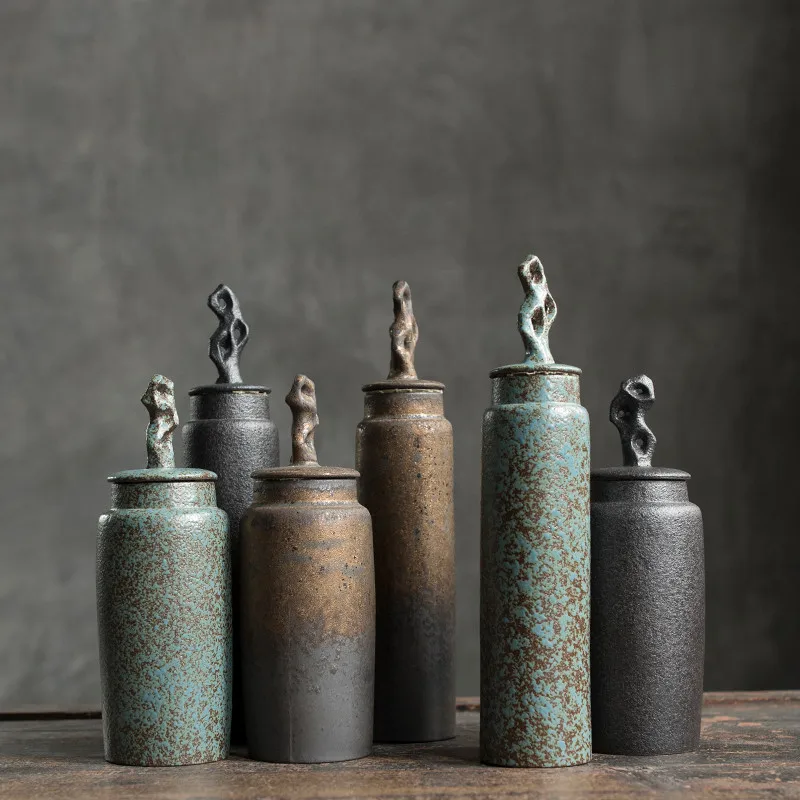 Chinese Stoneware Sealed Tea Caddy Storage Jar Long Tube Hollow Coral Cover Cylindrical Kitchen Canisters Set Tea Organizer