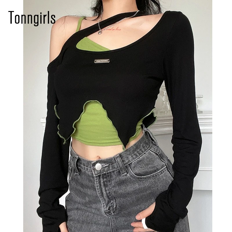 Tonngirls Y2k Vintage T-shirt Grunge Tie Dye Crop Tops 2-piece Women Casual Camis T-shirt Streetwear Long Sleeve Lace Up Tee Top couple t shirt