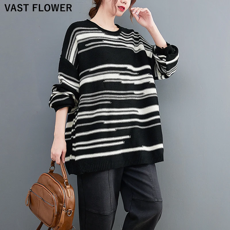 

Oversize Striped Sweater Women Autumn Winter Long Sleeve Loose Casual Thick Knitted Pullover Sweaters Tops Fashion Clothes 2021