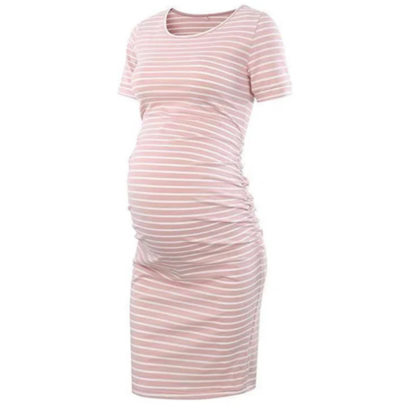 Новая полосатая Женская одежда для беременных с рюшами, облегающее платье для мамы, повседневные платья с коротким рукавом, женская одежда размера плюс - Цвет: pink