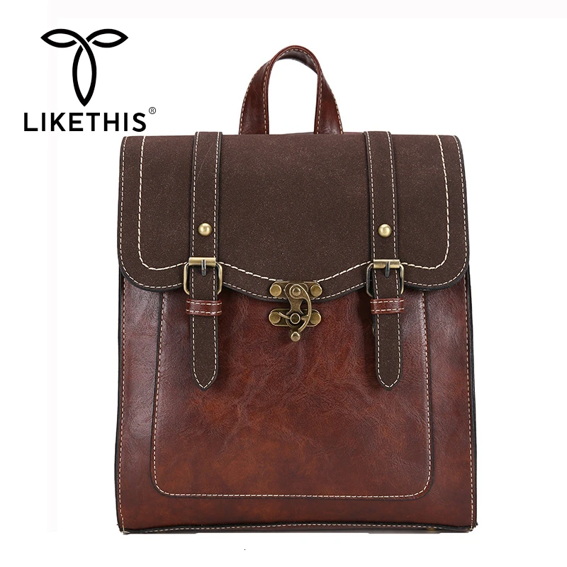 deep brown backpack LIKETHIS, винтажный Рюкзак, школьная женская сумка, кожаная, мягкая, ПУ кожа, с поворотной пряжкой, чехол, Mochila, Одноцветный, Plecak, большой, Рюкзак, Рюкзак, Школьный - Цвет: deep brown backpack