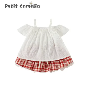 

Baby Girl Clothes Summer Off-The-Shoulder Coat Plaid Princess Shorts Skirt Two-Piece Cute Star Decal 0-5 Year Baby Clothes