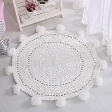 Handmade Round Rug Solid Knitted Pompom Ball Mat for Kids Play Area Rug 80X80cm Nursery Room Living Room