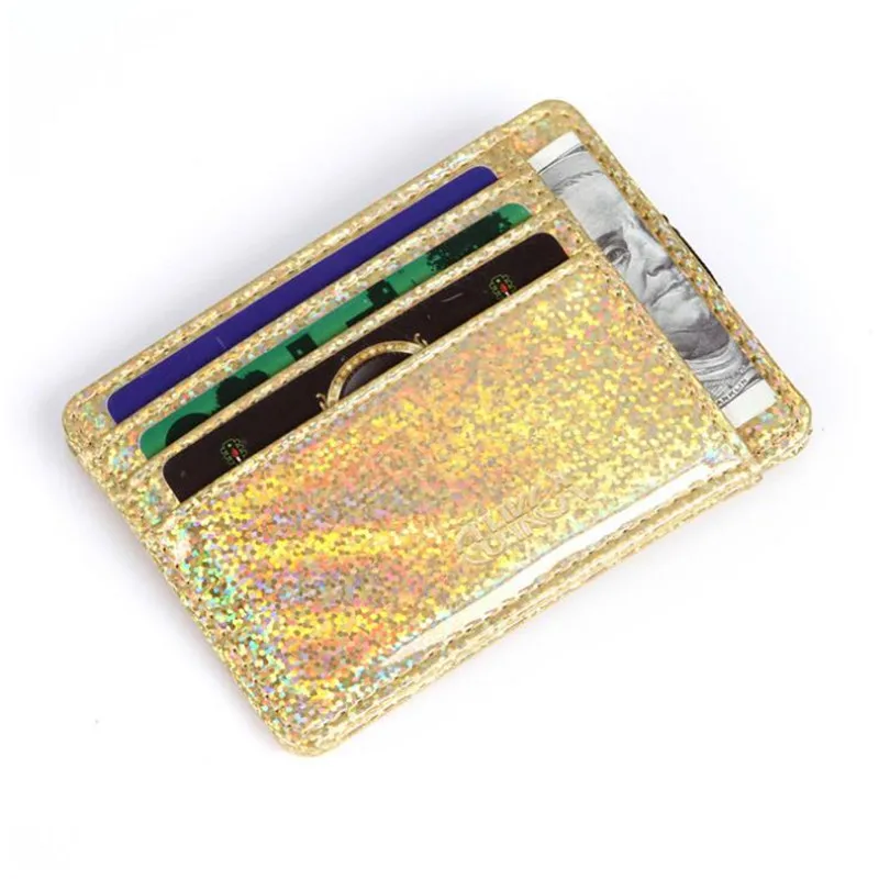 

Korean PU Laser Sequins Ladies Card Package Keychain Card Holder Ultra-Thin Multi-Card Position Holder Small ID Bag Purse