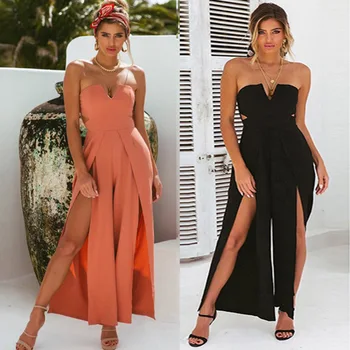 

Summer Sexy Women Skinny Jumpsuit High Waist Deep V-neck Bodysuit Slit Holiday Backless Clothes for Women