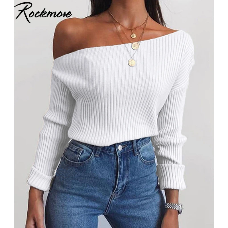 

Rockmore Knitted Irregular Neck Sexy Sweaters Plus Size Long Sleeve Cardigan White Street Wear Tops Casual Sweater Autumn Winter
