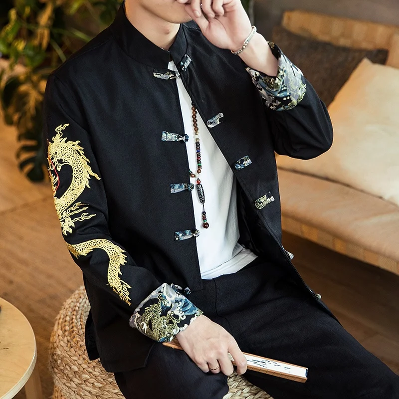 Men's Traditional Chinese Dragon Embroidered Hanfu Jacket – Kung Fu Top, Stand Collar, Polyester