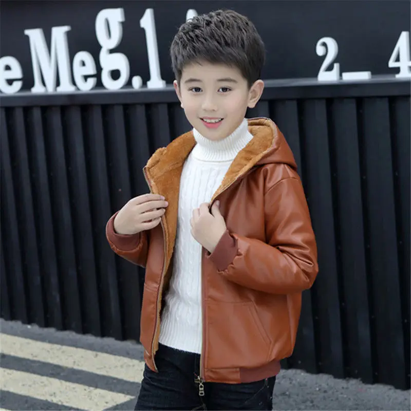 Khaki plus velvet Новинка года; Вельветовая плотная кожаная куртка для мальчиков; Вельветовая утепленная детская кожаная куртка с высоким воротником для больших мальчиков - Цвет: Khaki plus velvet