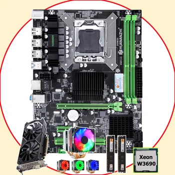 Billige HUANANZHI X58 Pro LGA1366 Motherboard Mit CPU Xeon W3690 3,46 GHz 6 Heatpipes Kühler RAM 16G (2 * 8G) GPU GTX1050TI 4G Video Karte