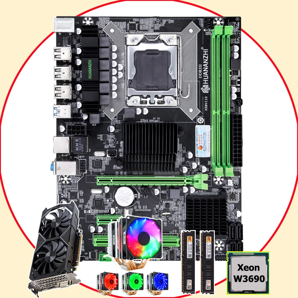 ^Cheap HUANANZHI X58 Pro LGA1366 motherboard with CPU Xeon W3690 3.46GHz 6 heatpipes cooler RAM 16G(2*8G) GPU GTX1050TI 4G video card