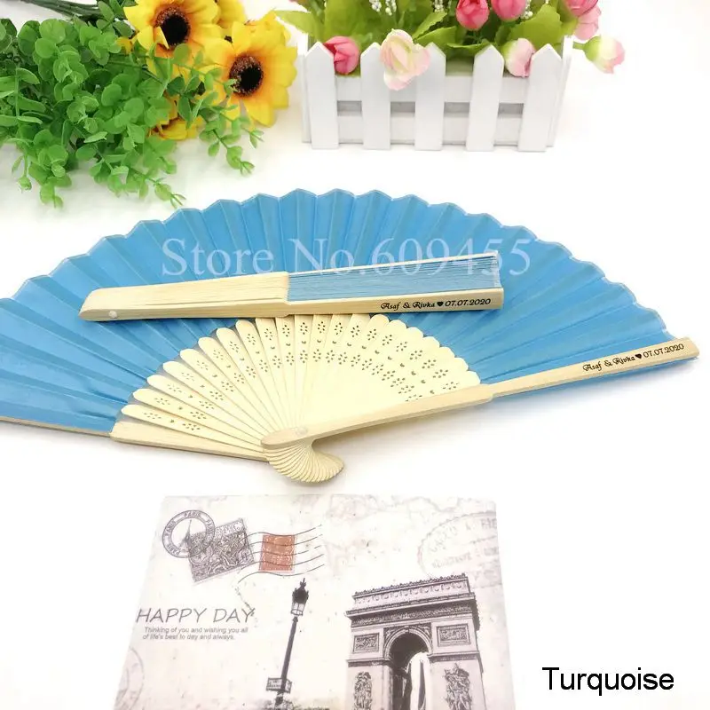 Turquoise 80 шт./лот, индивидуальный Свадебный Шелковый веер с разноцветными тканевыми ручные складные веера, печать на заказ, вечерние украшения для улицы - Цвет: Turquoise