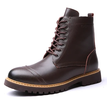 

New Brand Men Chelsea Snow Boots Leather Winter Autumn Motorcycle Ankle Boots Men Shoes Western Work Safety red high top shoes