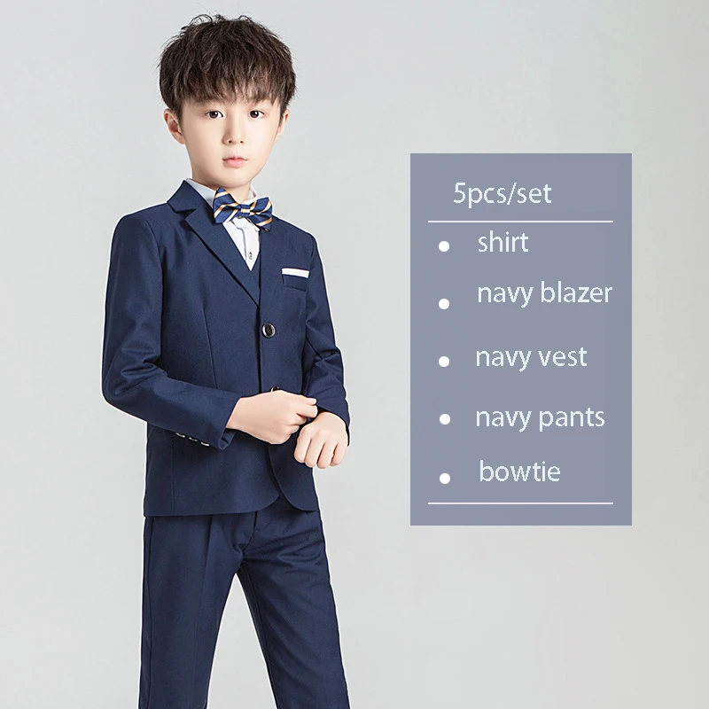 navy 5pcs Торжественные детские костюмы, комплект с цветочным принтом для мальчиков, платье принцессы для свадебной вечеринки, платье для выступлений на фортепиано, костюм детский Блейзер, жилет, брюки, рубашка - Цвет: navy 5pcs