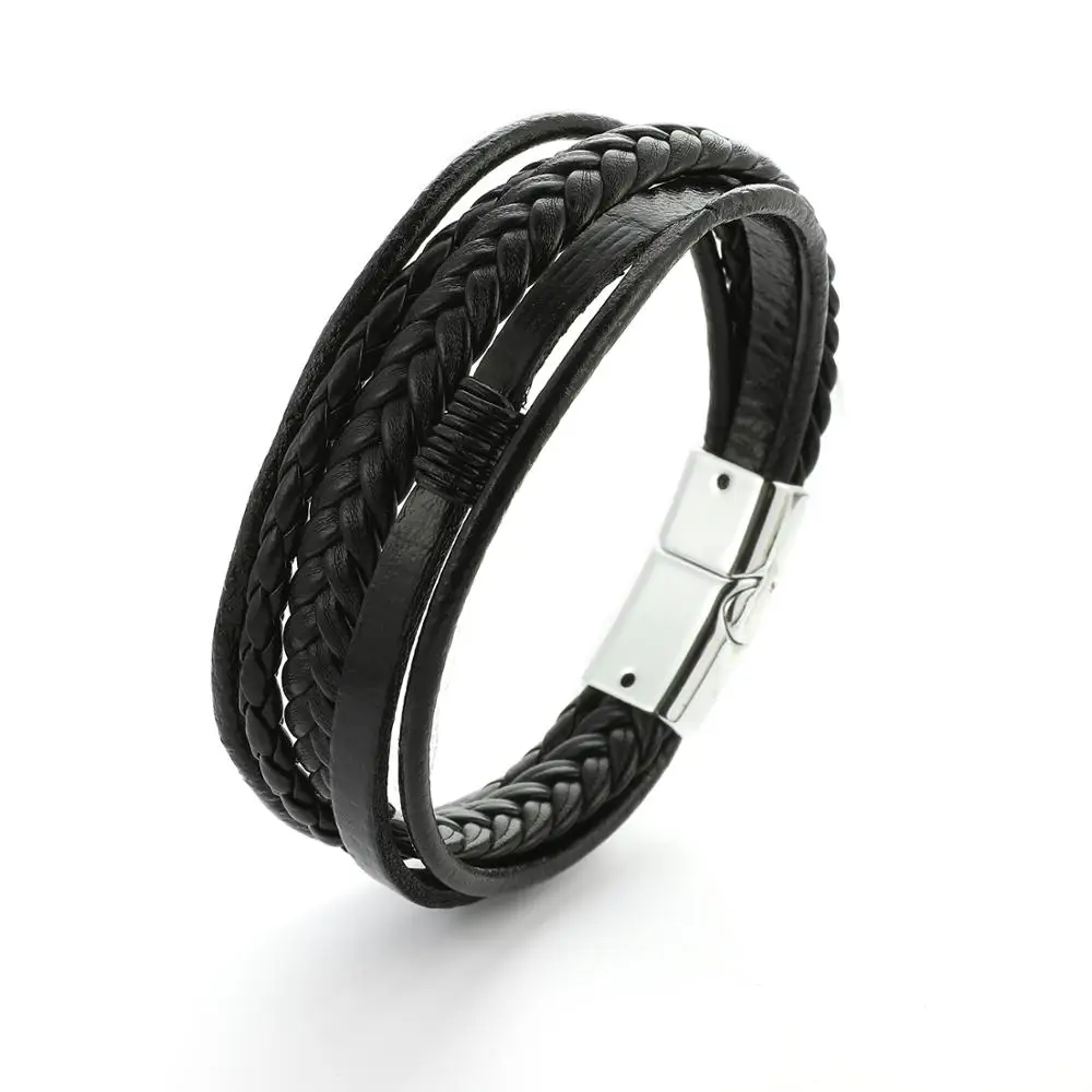 Silver and Black Браслет для мужчин, многослойный браслет из натуральной кожи, магнитная застежка, Воловья кожа, плетеный, модный браслет на руку, pulsera hombre - Окраска металла: Silver and Black