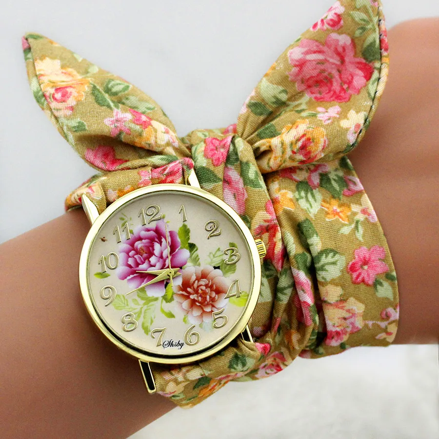 Shsby Design Ladies Flower Cloth Wrist Watch Gold Fashion Women Dress Watches High Quality Fabric Clock Sweet Girls Watch 4