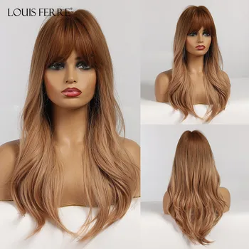 

LOUIS FERRE Brown Honey Ombre Synthetic Wigs With Bangs Long Natural Wave Cosplay Wigs for White/Black Women Heat Resistant