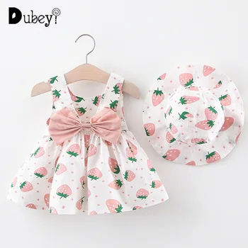 

Summer Dress Infant Toddler Girl Printed Strawberry Sleeveless Vest Dress with Hat Cotton Beach Holiday Party Casual Costumes
