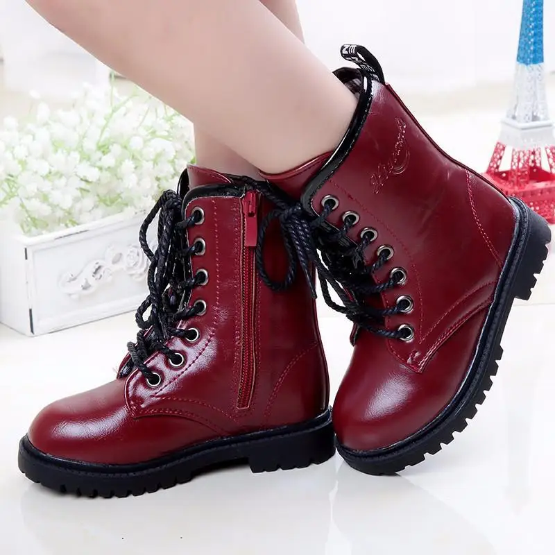 

Solid color kids performance shoes girls military boots warm plus velvet solid color boots parent-child shoes bright boots child