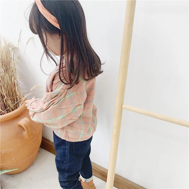 Korean Style Cute Girls Fashion Plaid Blouse Kids Pure Cotton Puff Sleeve Loose Blouses 1-5y